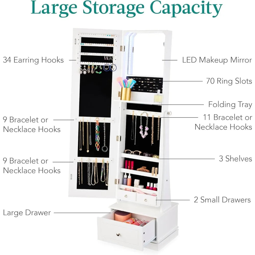 360 Swivel Mirrored Jewelry Cabinet, Standing Armoire, Makeup Storage Organizer, w/LED-lit Mirror, 3 Shelve
