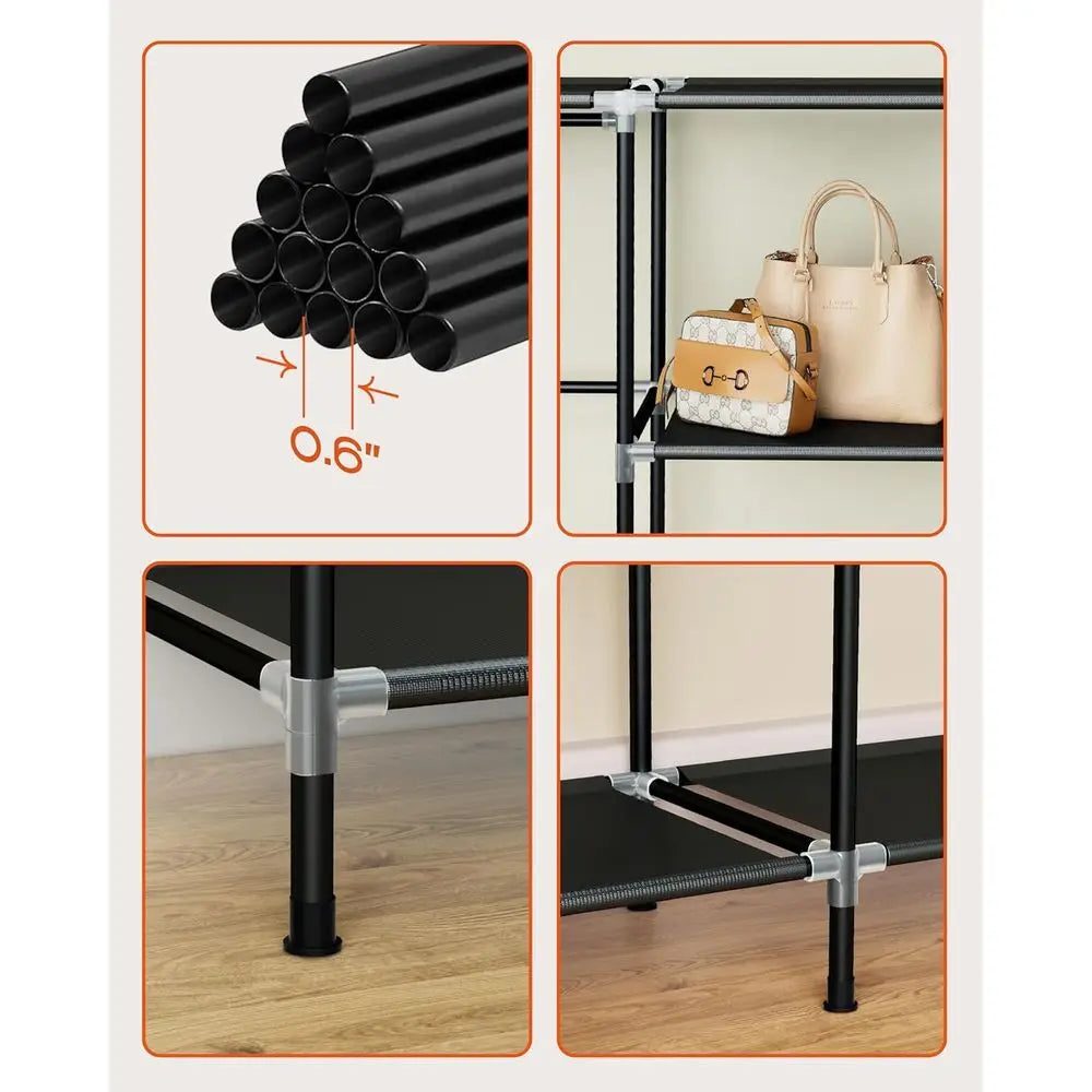 66.9 Inch Large Capacity Wardrobe Closet with Cover, Clothes Storage Organizer, 4 Hanging Rods, Shelves, Easy Assembly, Black