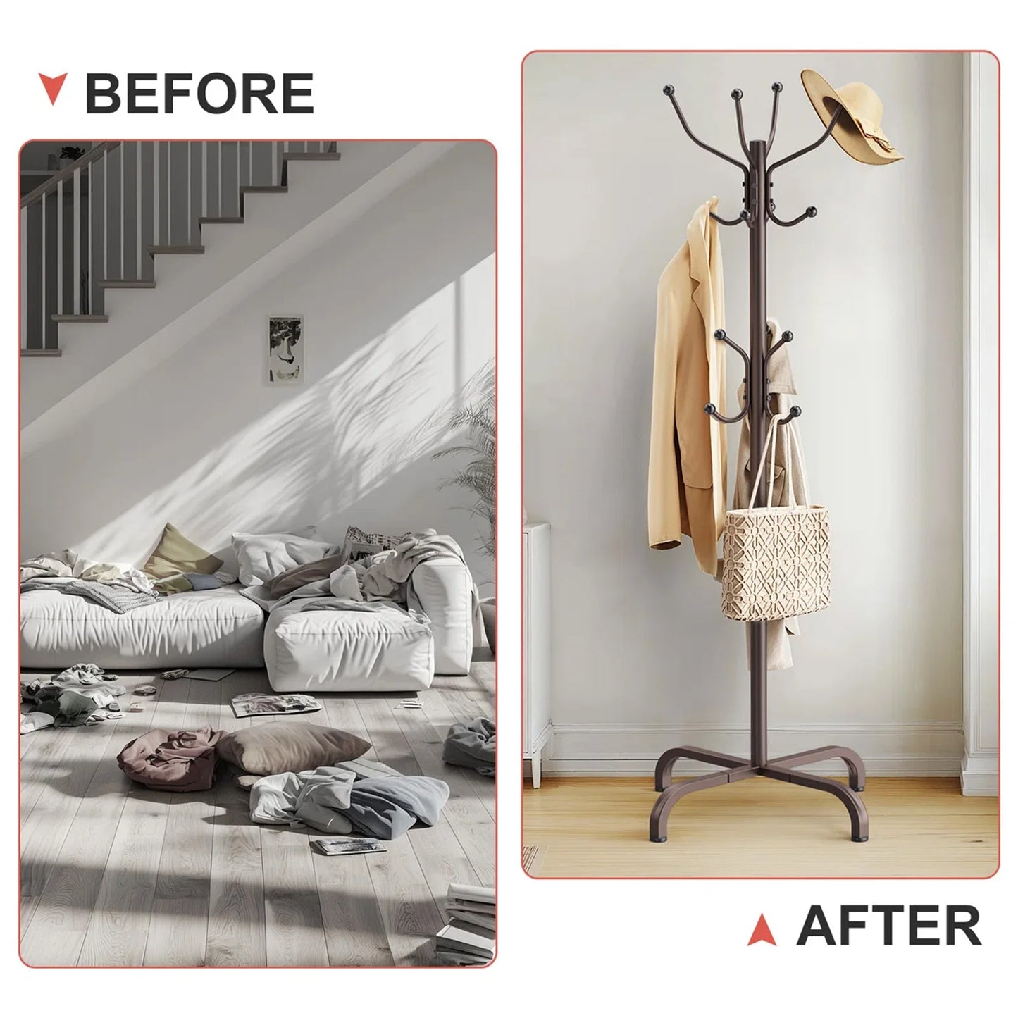 1/2Pcs Coat Rack with 14 Hooks, Freestanding Coat Rack Stand for Entryway, Hallway, Bedroom, and Office, Metal Coat Tree & Hat Rack for Coats, Hats, and Bags