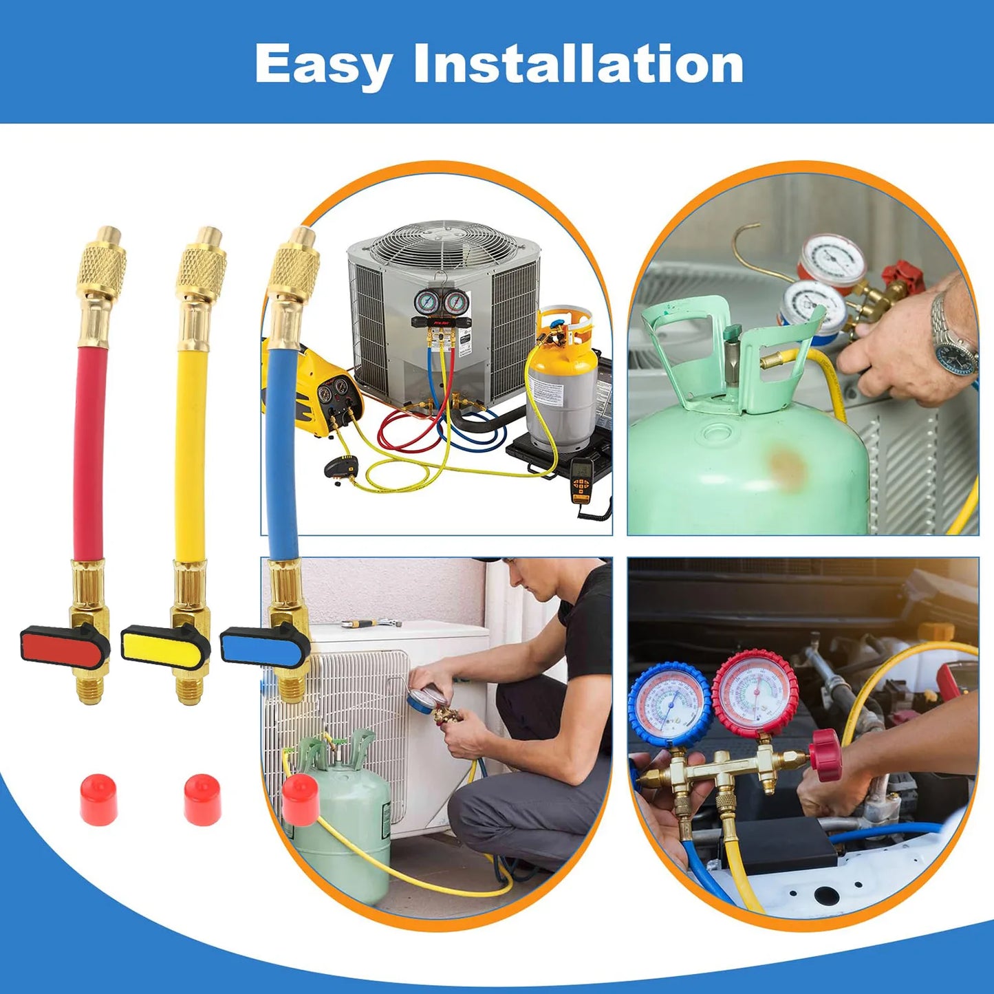 R134A R22 R12 1/4" SAE Charging Hoses and Ball Valve Set for AC HVAC Maintenance Air Condition Refrigeration Charging Tool