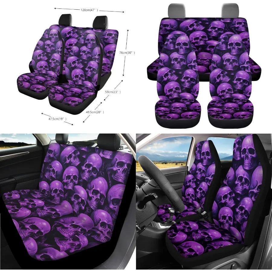 Skull Printed Car Seat Covers 12 Piece Set for Easy Installation with Breathable Steering Wheel Cover and Armrest Pad Cover Ide