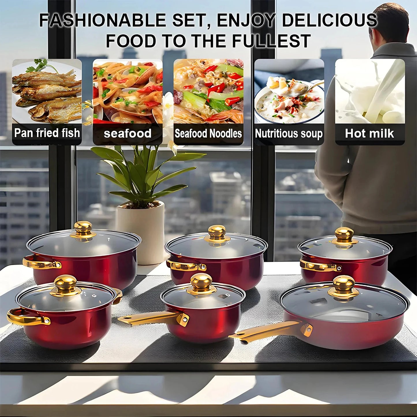 12PCS Stainless Steel Colored Cookware Set Milk Pot Pan Frying Pot Kitchenware Non-stick Pan Gold-plated Handle Soup Pot
