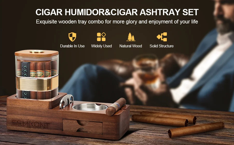 Cigar Humidor Cigar Ashtray Set Wooden Cigar Accessories Cigar Cutter Cigar Jar With Hygrometer Humidifier Cigar Gifts for Men