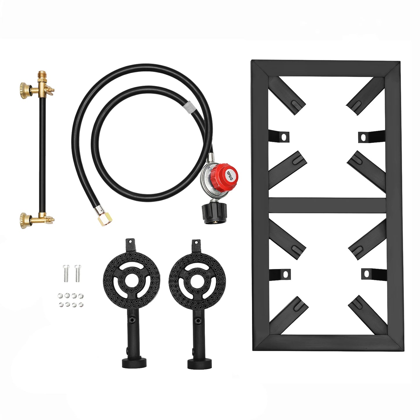 Portable Double Burner Outdoor Gas Stove Propane Cooker with Adjustable 0-10Psi Regulator Hose for Patio Camping, BBQ, Home