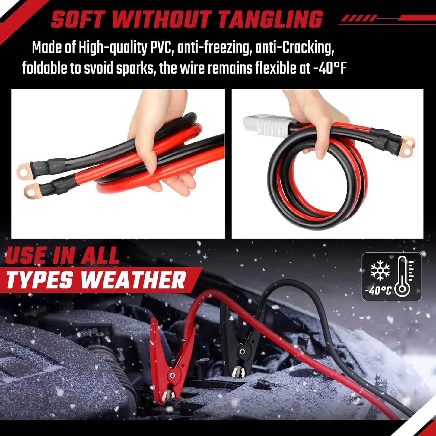 Heavy Duty Jumper Cables 1/0 Gauge 1500A, 20ft, with Quick Connect & Installation Kit for Cars SUV Trucks up to 8L Gas & 6L Dies