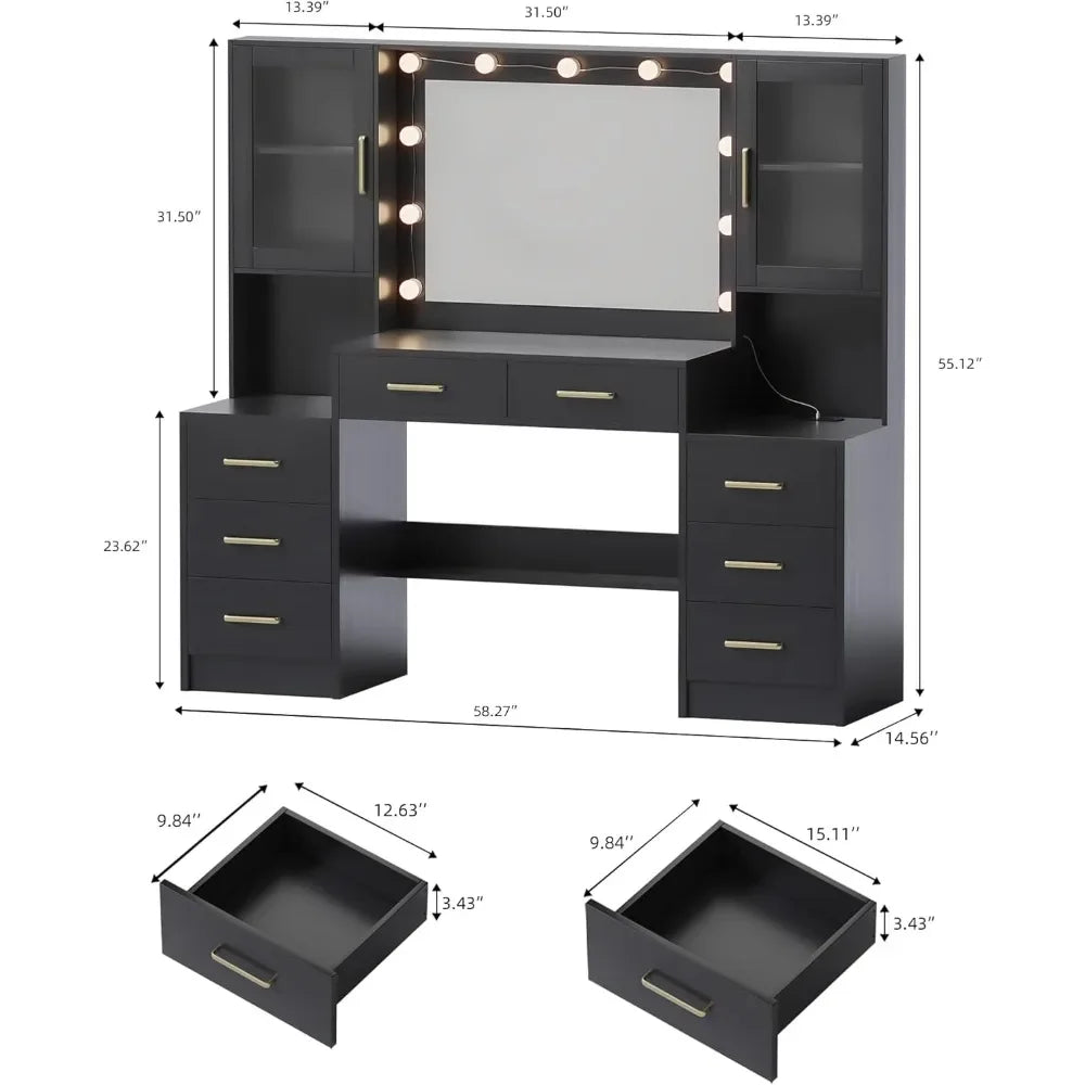 Black Vanity Desk with Mirror, Lights & Charging Station, 58.3" Makeup Table with 8 Drawers and Storage