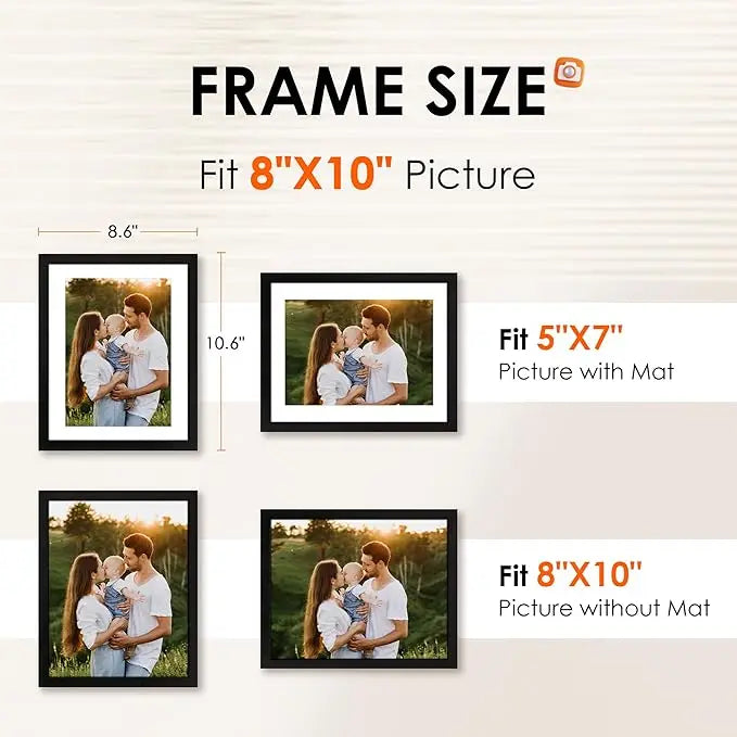 8x10 Picture Frame 1 Pack, Photo Frame with HD Plexiglass, Display Pictures 5x7 with Mat or 8x10 Without Mat, Picture Frames Collage for Tabletop or Wall Display, Black