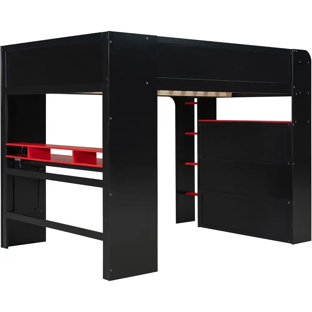 ull Size Gamer Lot Bed with Height-Adjustable Desk,Wardrobe,Ample Storage Space,and RGB Light, Wooden Bunk Bed or Gaming Setup (