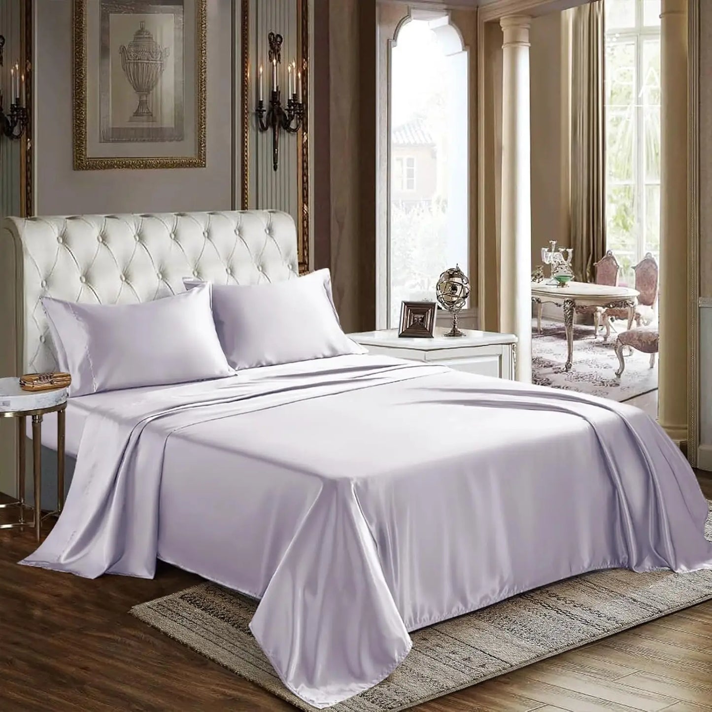 Satin Sheets Queen Size 4 Piece Bed Sheet Set with Silky Deep Pocket Fitted Sheet Flat Sheet and 2 Pillowcases
