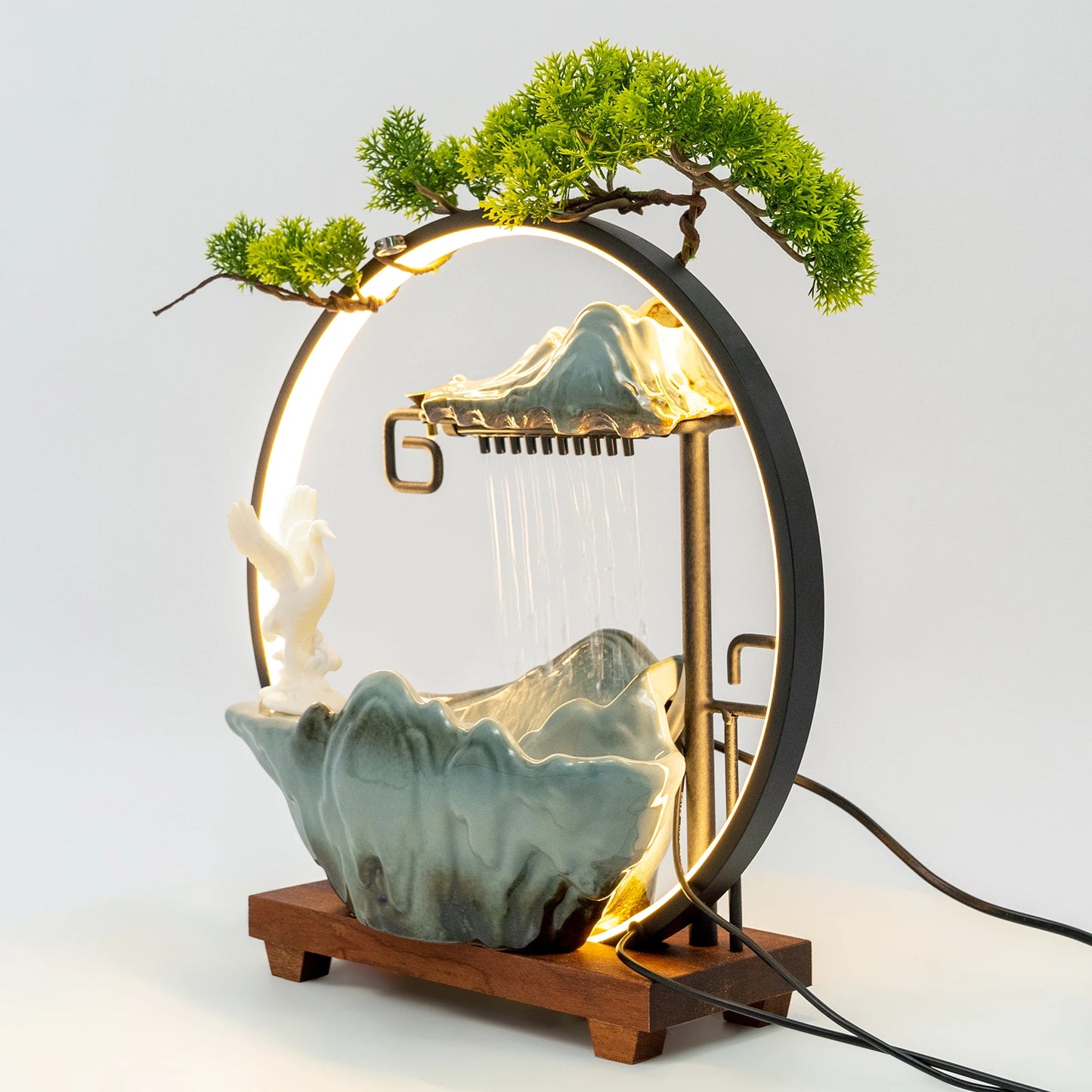 Black Manual Tabletop Water Fountain,Indoor Ceramic Waterfall with LED Light Mist Desk Fountain for Decorative Item