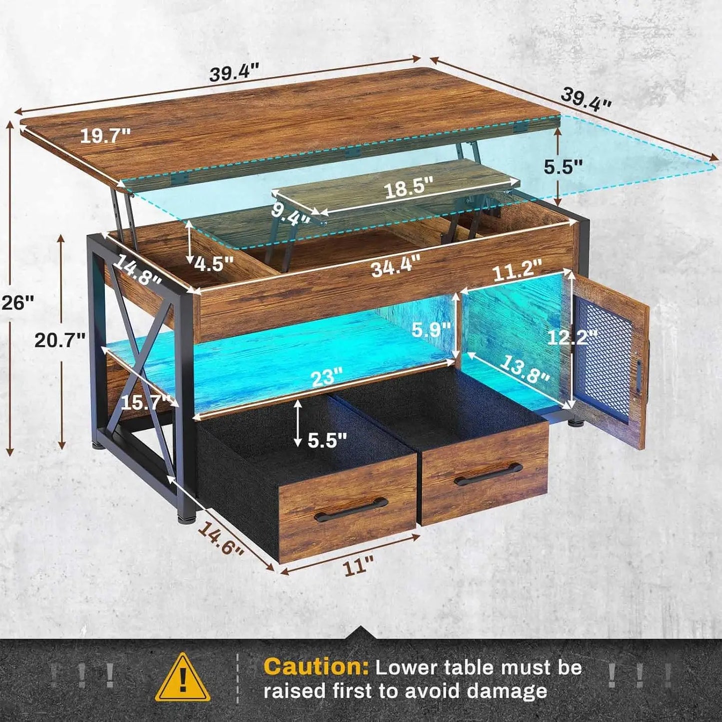 40 Inch Lift Top Coffee Table with Storage Cabinet 4 in 1 Small Farmhouse Living Room Coffee Table with Fabric Drawers and LED Lights