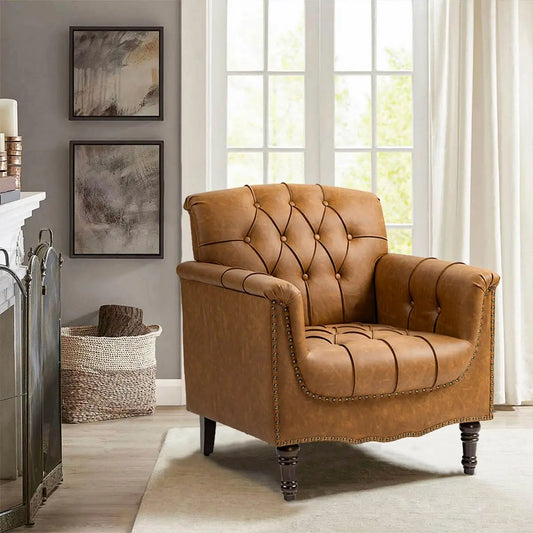 Modern Tufted Accent Chair, Single Faux Leather Armchair with Nailhead Trim & Wood Legs, Comfortable Upholstered, Customized
