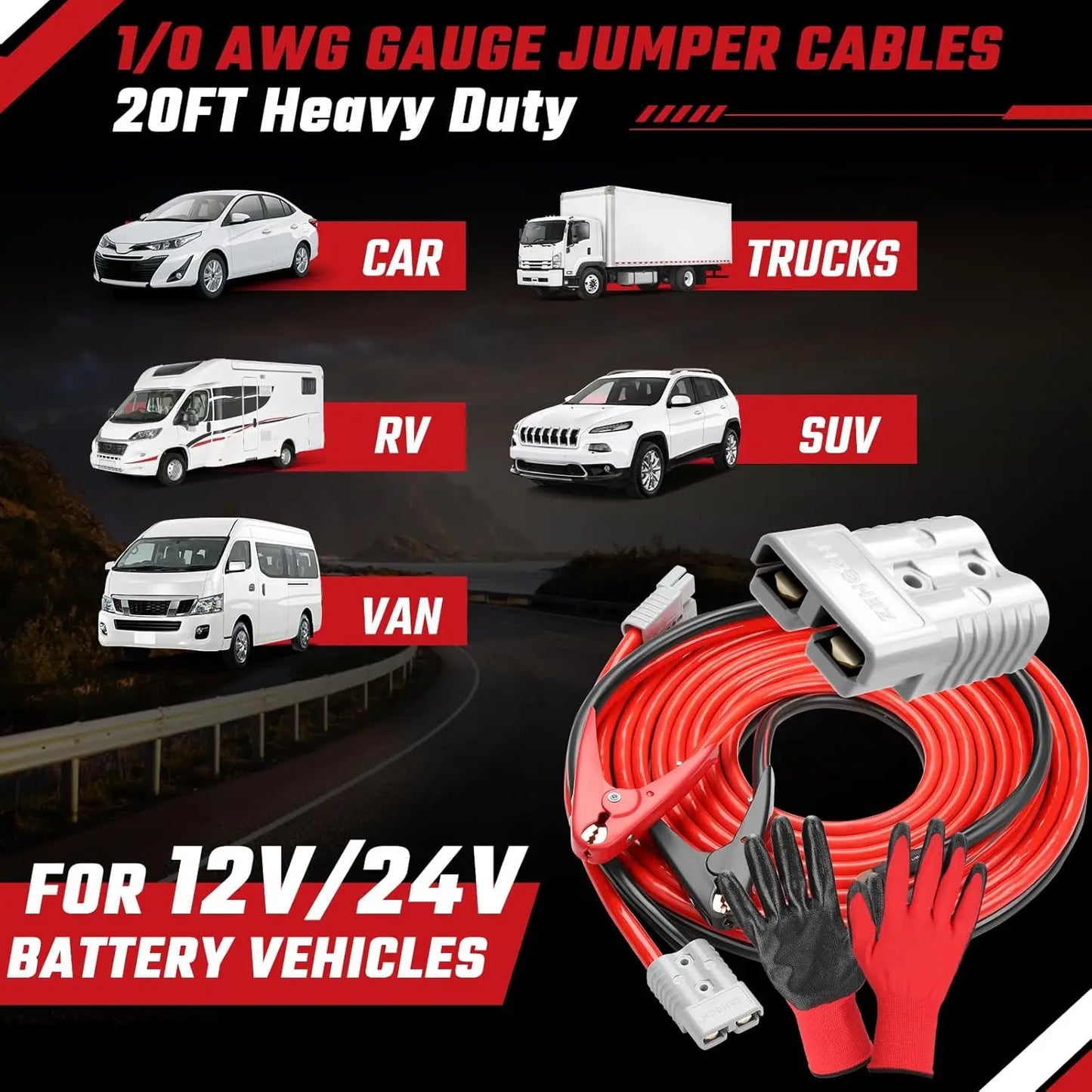 Heavy Duty Jumper Cables 1/0 Gauge 1500A, 20ft, with Quick Connect & Installation Kit for Cars SUV Trucks up to 8L Gas & 6L Dies