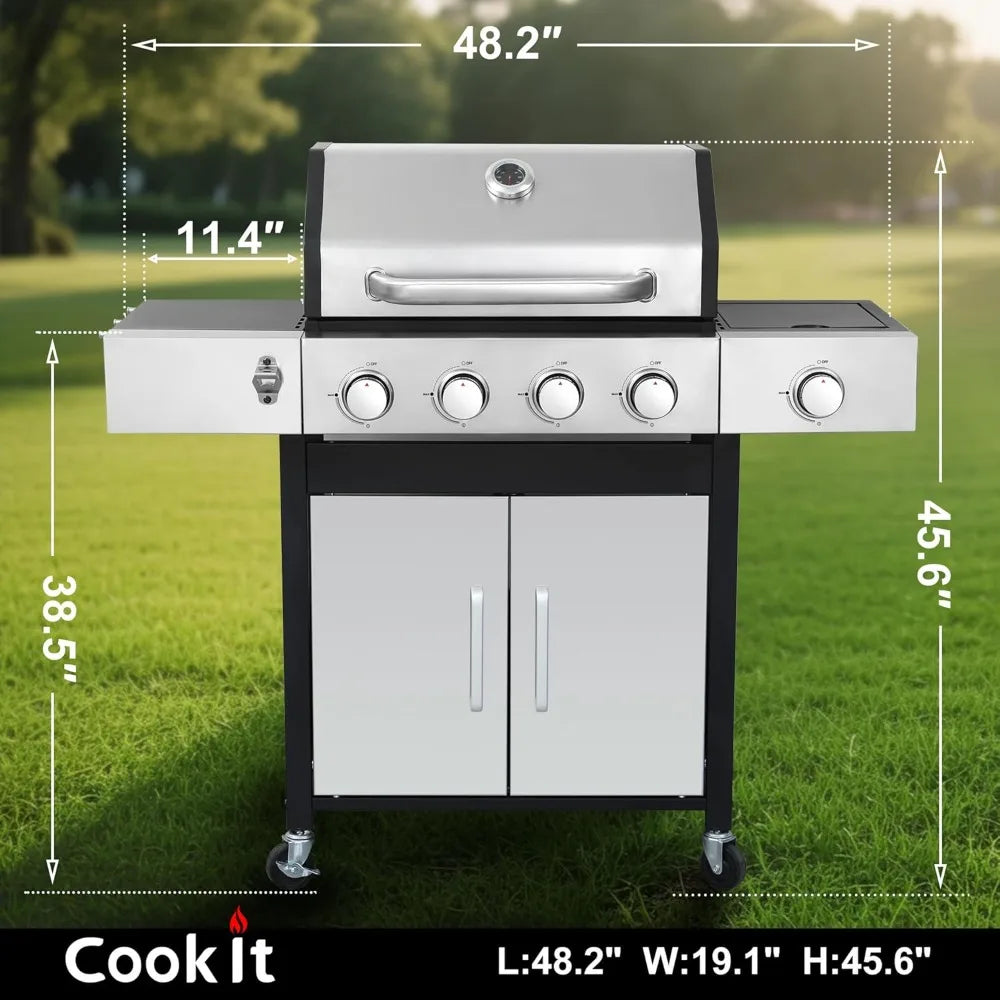 Propane Gas Grill with Side Burner 4 Main Burners 49000 BTU Stainless Steel Lid Cast Iron Grids Easy Clean Grease