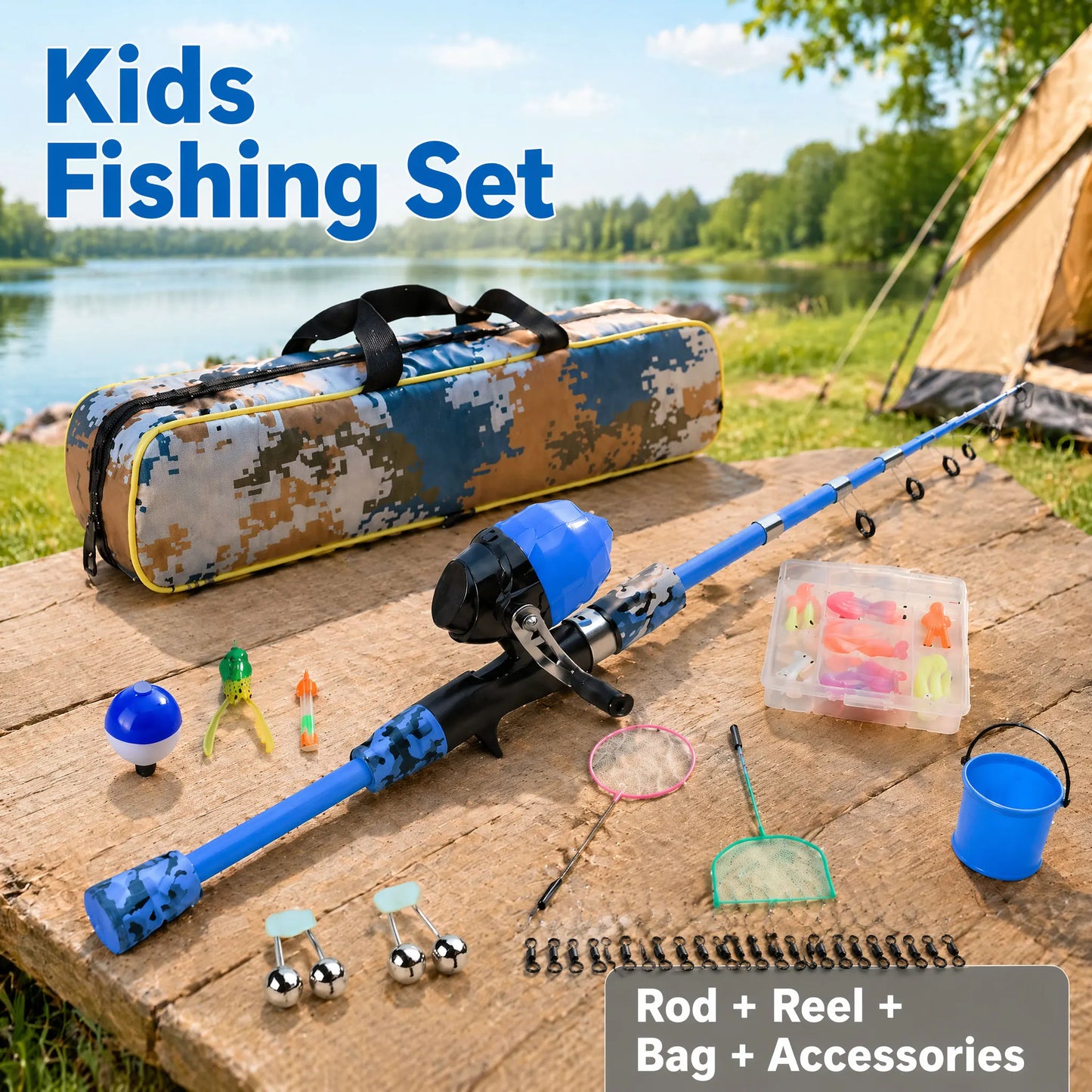 youth Fishing Pole Set with Full Starter Kit - Portable Telescopic Fishing Rod & Reel with Spinning Mechanism,All Necessary Accessories (Hooks, Sinkers, Swivels,) Ideal for Lakes, Ponds, Beach