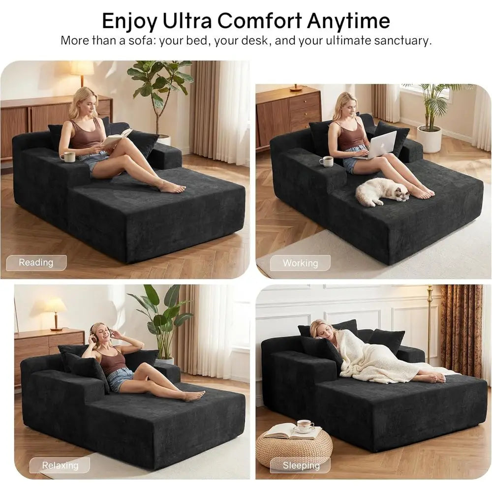 Oversized 66\" Chaise Lounge Chair Indoor Chenille Cloud Reading Chair with 3 Pillows for Living Room Bedroom
