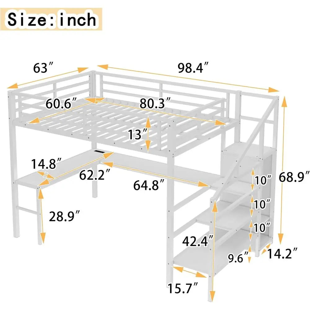 Queen Size Metal Bed with L-Shaped Desk, Wardrobe, Adjustable Shelves, Stairs, LED Light - Suitable for Kids, Teens, Adults in W