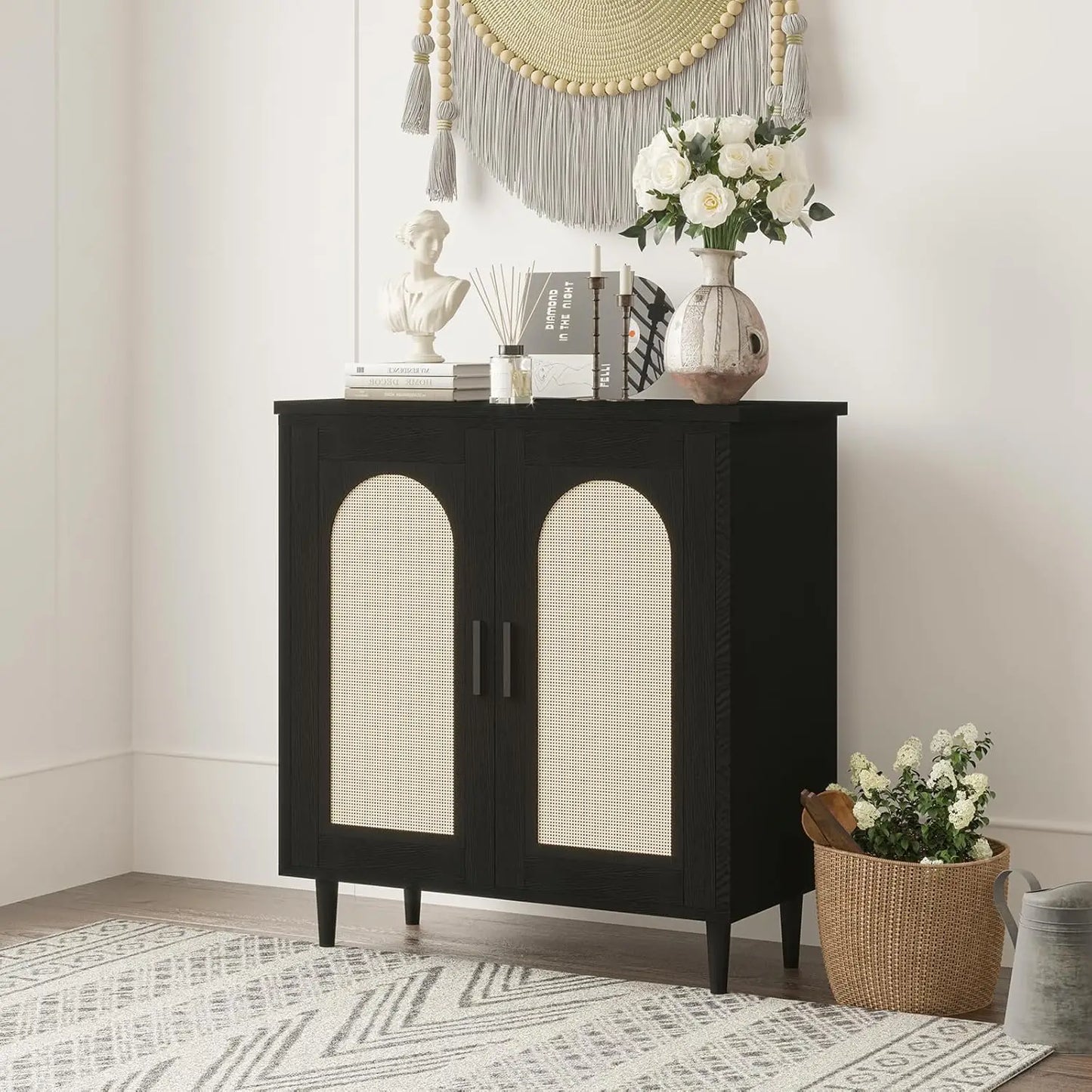Boho Rattan Sideboard Cabinet With Storage Shelves Living Room