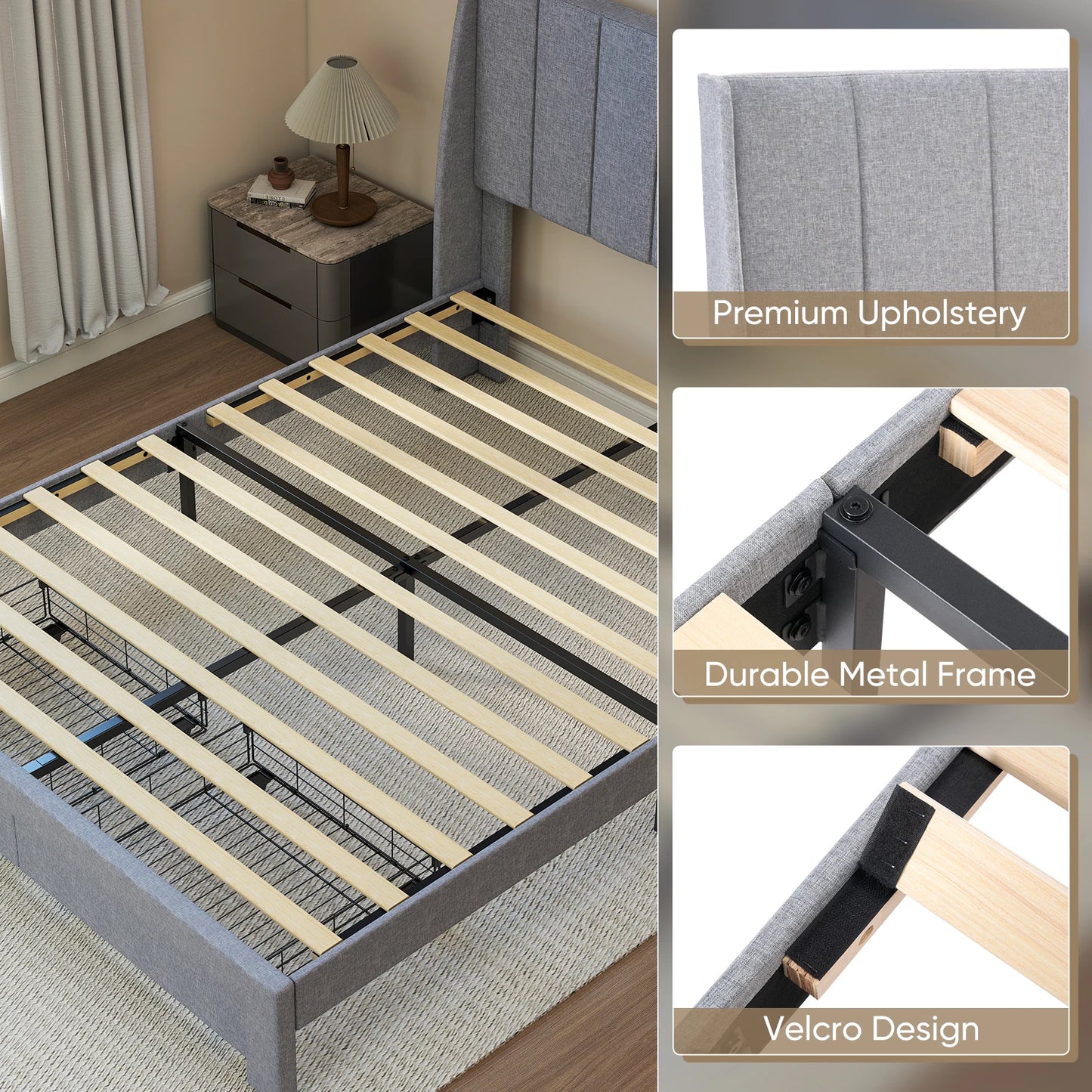 JHK Bed Frame with 2 Drawers Headboard Wood Slats Support Upholstered Platform Bed with and Storage Bed Frame for Home Bedroom