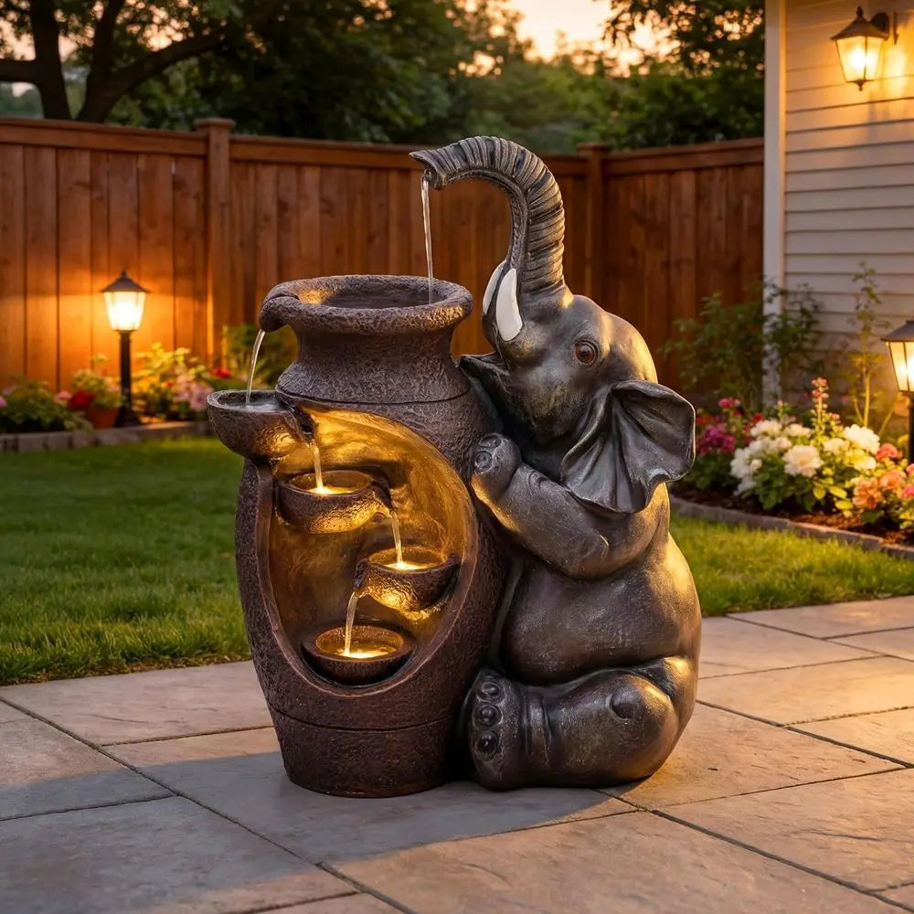 19" H Elephant Jar Outdoor Water ountain, Rustic armhouse Water eature with Tranquil Cascading Waterall, Relaxing Garden Patio Y