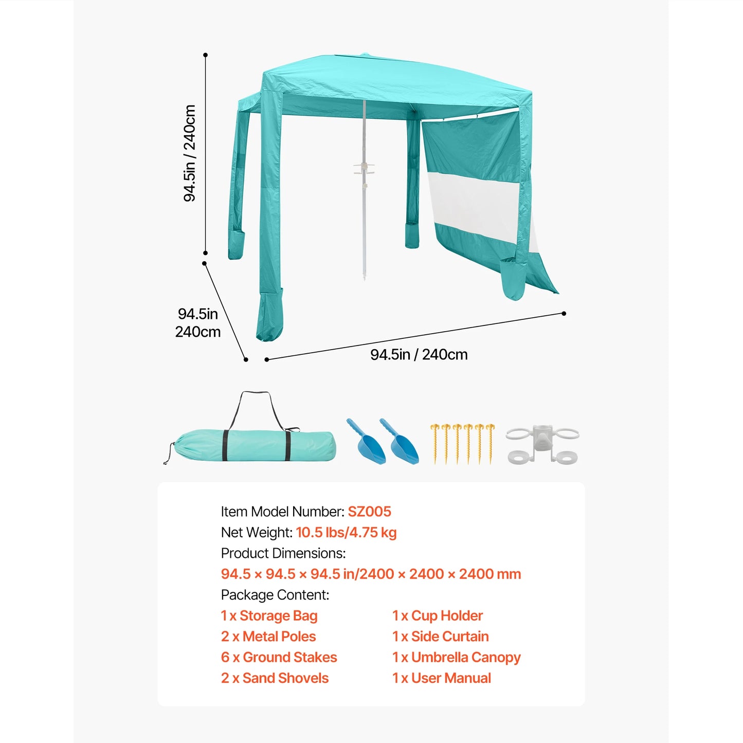 SucceBuy Beach Cabana 8 x 8 ft Adjustable Height Portable UPF 50+ Protection with Side Wall Sand Pockets for Family & Friends