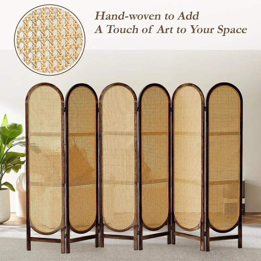 6-Panel Rattan Room Divider, Hand-Woven Privacy Screen, Wood Partition for Home or Office, Brown