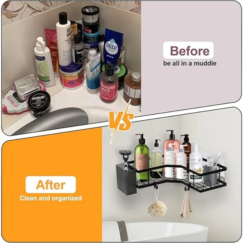 Adhesive Corner Shower Caddy With Hooks Stainless Steel
