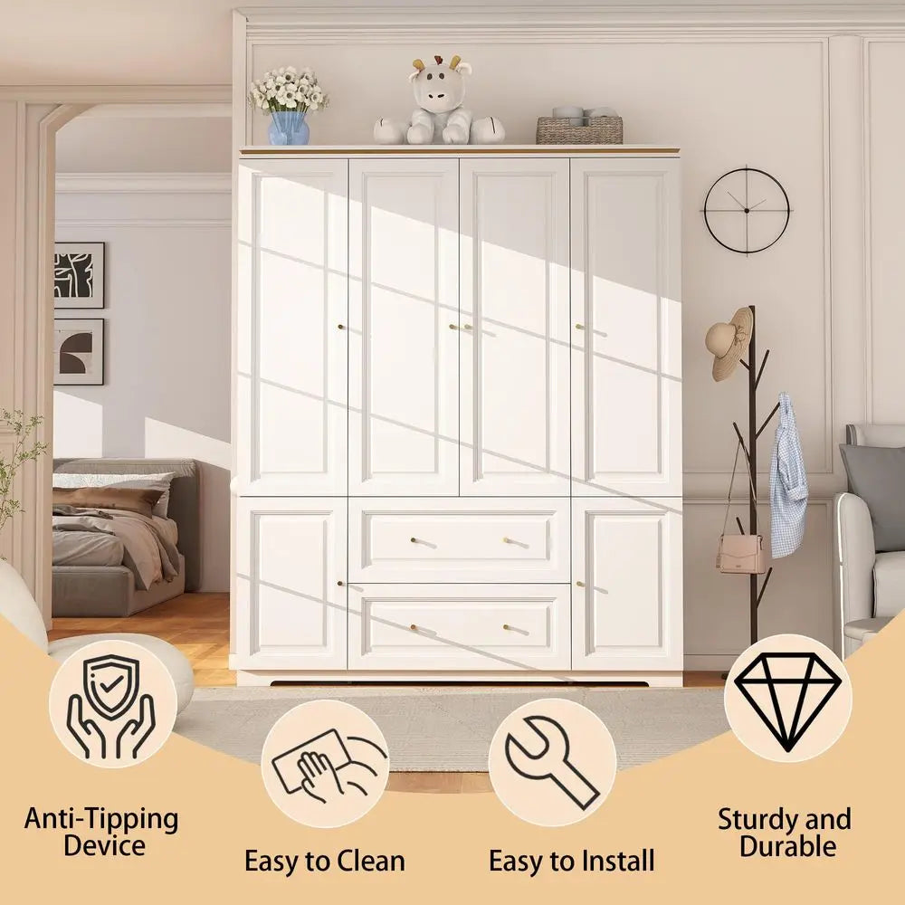 Armoire Wardrobe Closet with Drawers White Wardrobe Closet for Hanging Clothes, Large Wardrobes Storage Closets, Wood Closets C