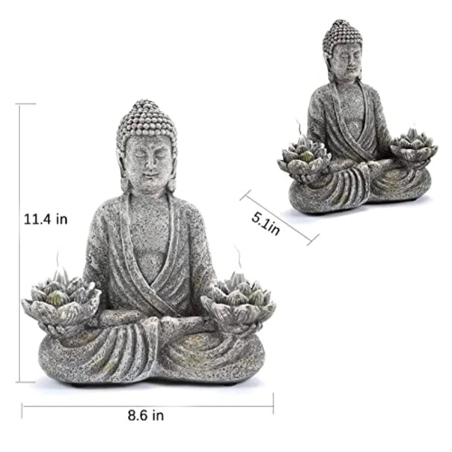 Buddha Statue Zen Sculpture 11.4in Yoga Garden Decor with LED Solar Lotus Lights, Sitting Meditating Buddha Serene Resin Figuri