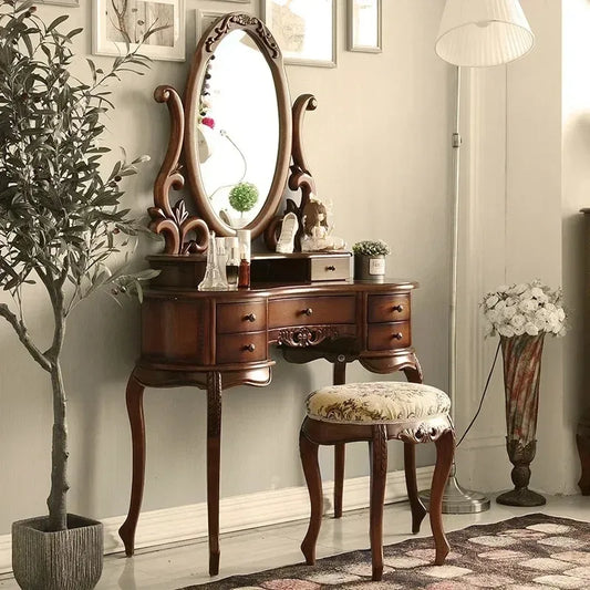 -European Solid Wood Mirror Table Bedroom Dresser Amercia Princess Furniture Dark Villa Luxury Carved Makeup Table Dressing Tabl