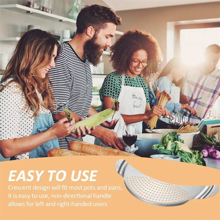 Stainless Steel Pot Strainer Kitchen Colander with Handle Held Crescent Drainer Pan Crescent Pot Strainer Pasta Noodles Strainer