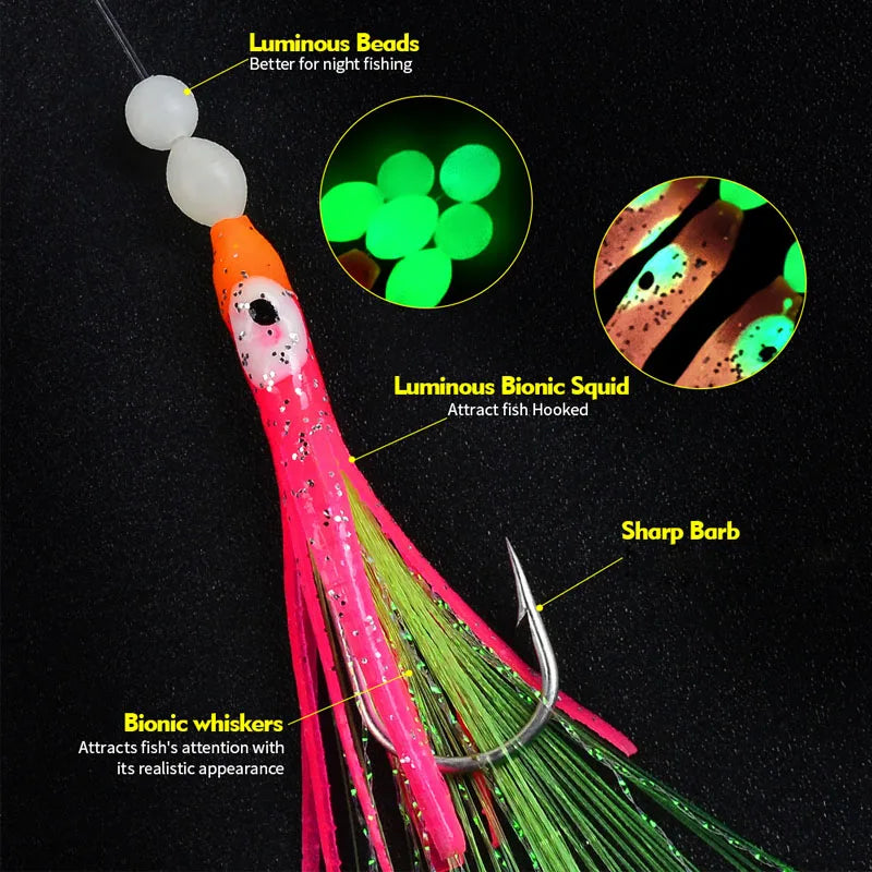 2 X 6Pcs/Set Luminous Squid Sabiki Rig Baits Soft Octopus Fishing Hook Bass Trout Salmon Lures