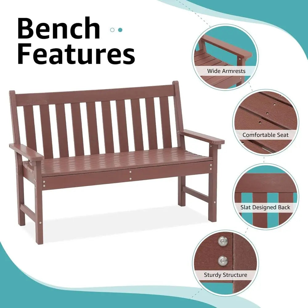 Weather-Resistant HDPE 2-Person Patio Bench with Wood Grain, Suitable for Lawn, Park, Backyard, and Entryway in Brown
