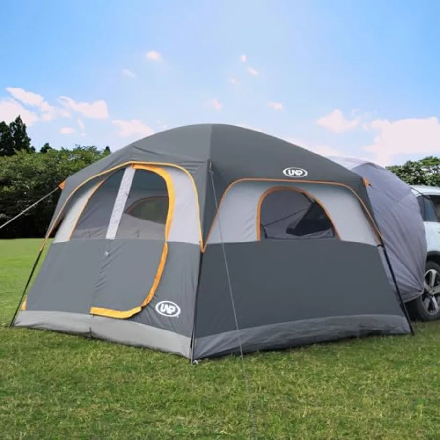 Camping SUV tent for tailgate use, polyester fabric, gray color, quick-setup with rainfly and 10'x9'x78in H spacious interior