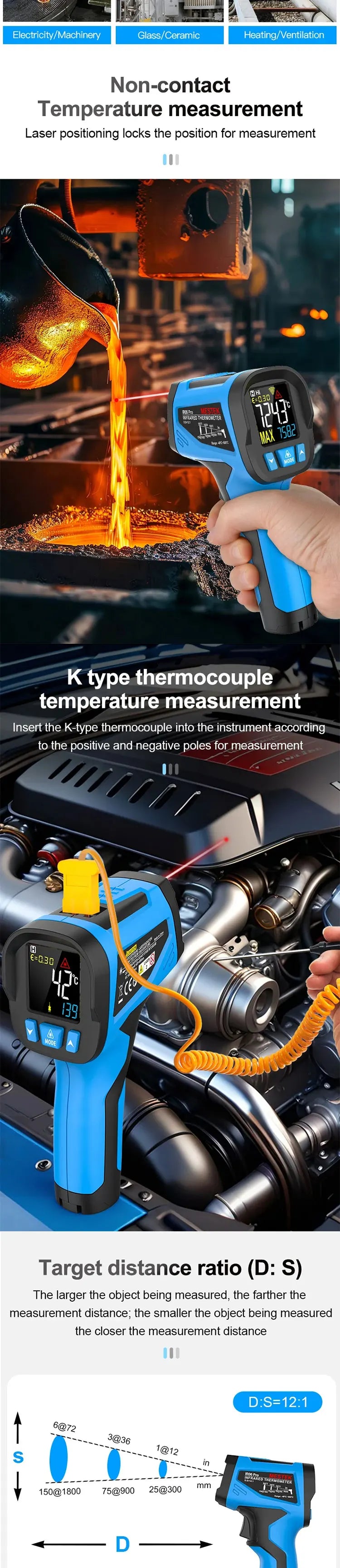 -50 to 800 Degree Mestek Digital Infrared Thermometer Laser Temperature Meter Non-contact Pyrometer Hygrometer IR Thermometer