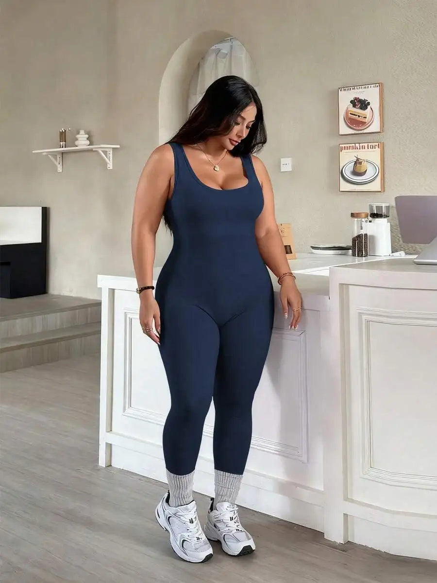 Rhythm Era 1pc Plus Size Black Backless Jumpsuit, Comfortable Stretchy Seamless Knit Yoga & Fitness Activewear