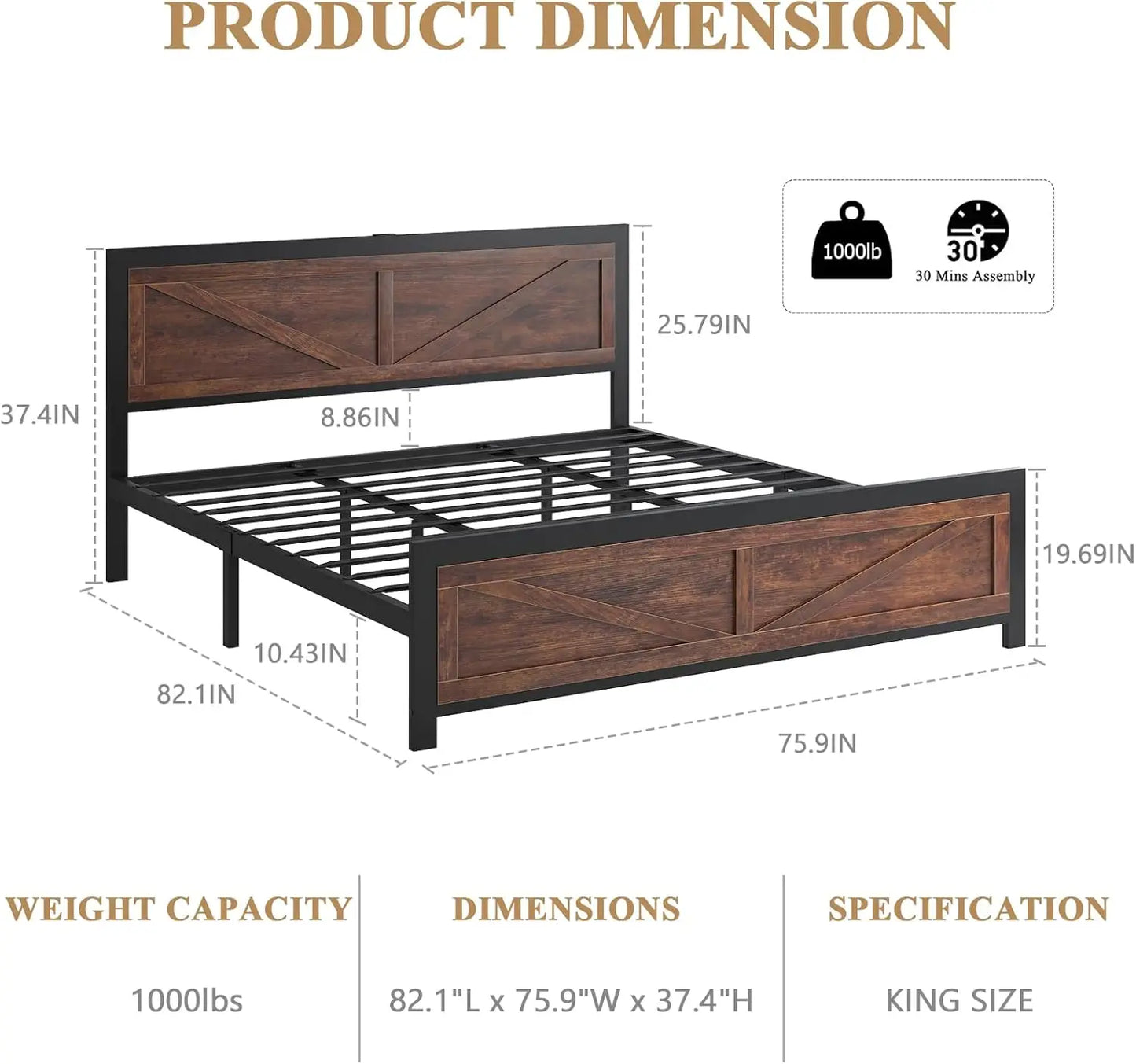 LED Bed Frame With USB Charging And Industrial Headboard