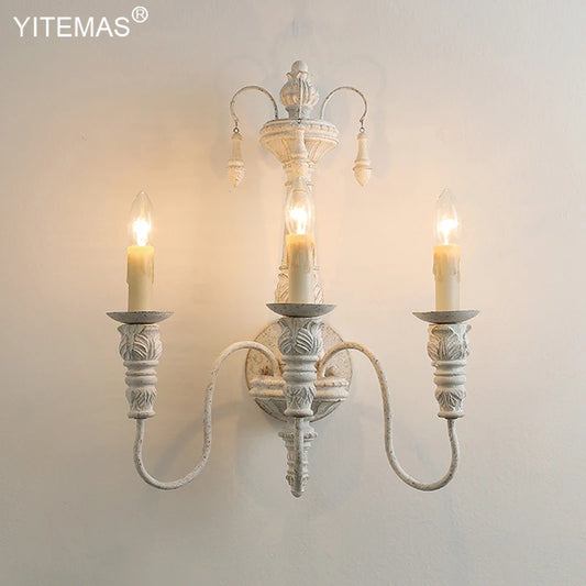 3 Lights Wooden Wall Lamp Retro White Wall Sconce French Country Wall Lights For Living Room Bedroom Stairs Interior Lighting