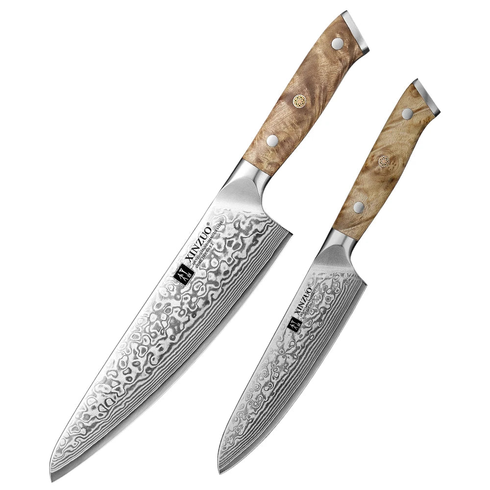 XINZUO 1-3PCS Damascus Steel Knife Set Chef Santoku Utility Knives 67 Layers Super Steel Figured Sycamore Brass Rivets 60HRC