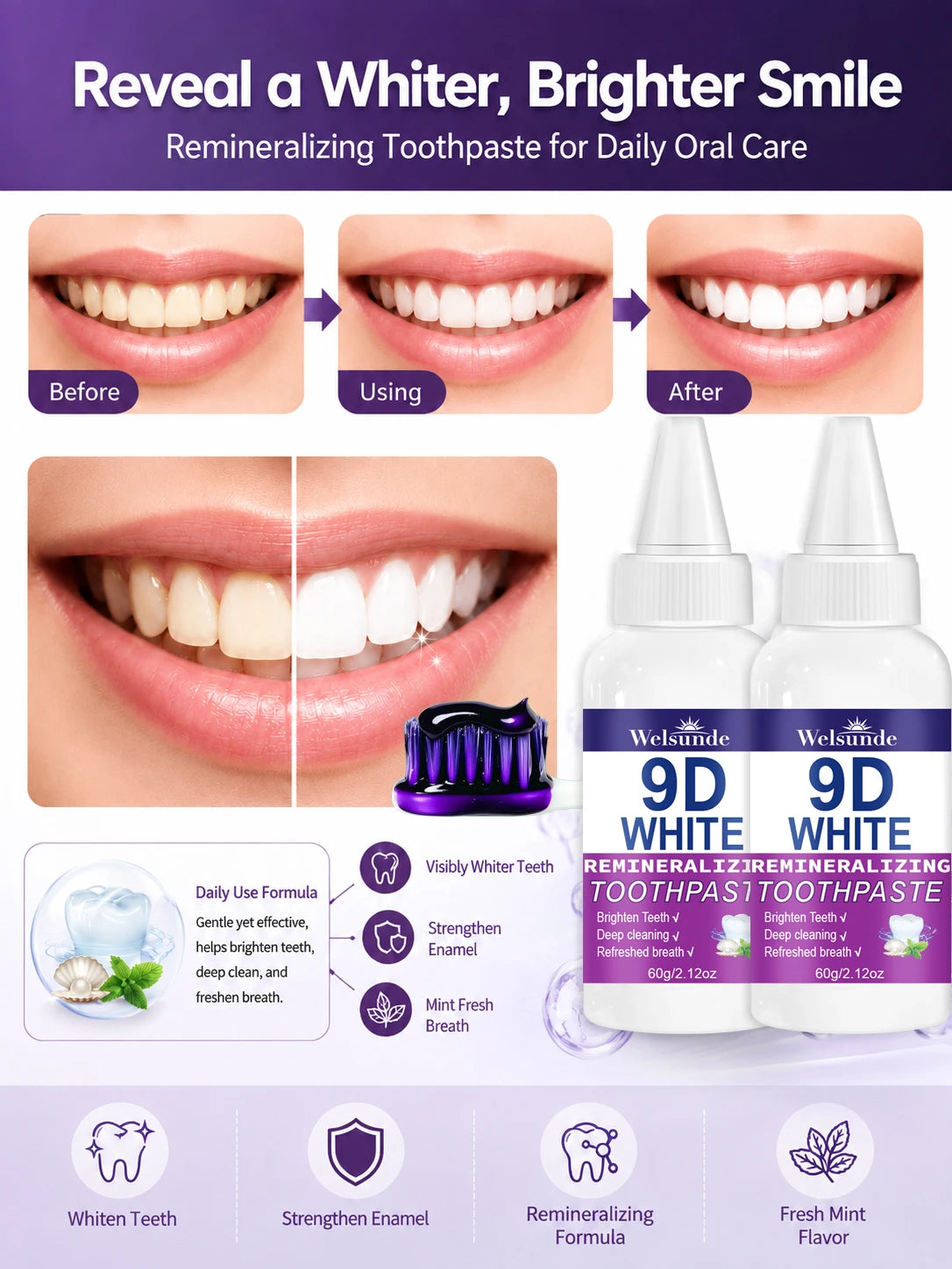 2 Packs Whitening teeth Toothpaste,Gently Reduce Smoke & Coffee Stains,Toothpaste for Deep Cleaning & Brighter Smile, Purple Remineralizing Hydroxyapatite Toothpaste, with Minty Fresh Breath, Gentle on Gums, Ideal Oral Hygien