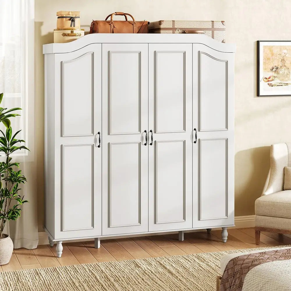 Armoire Wardrobe Closet with 4 Doors, 71 H Wooden Large Capacity Wardrobe Cabinet with 2 Hanging Rods and 8 Shelves, Freestandi