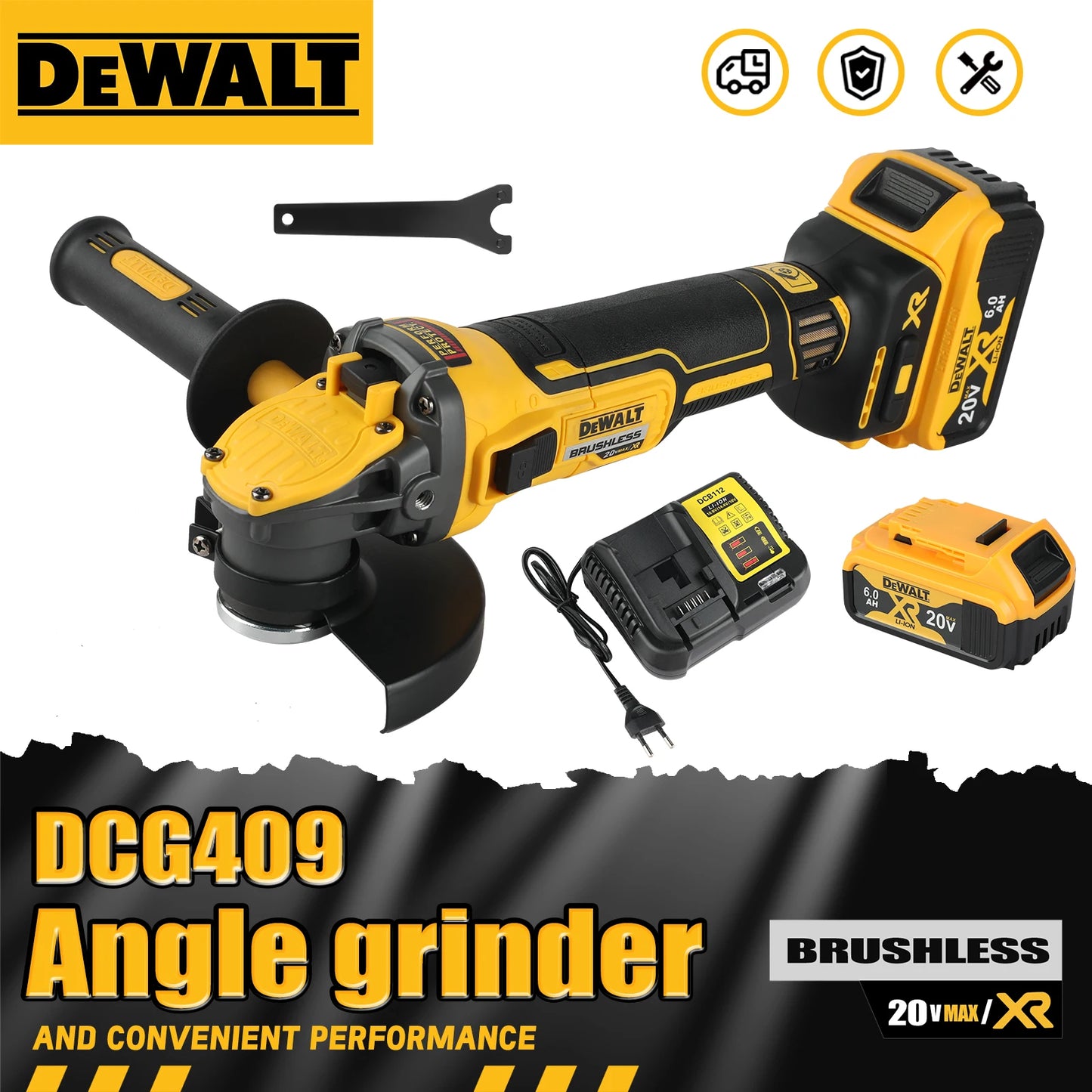 DEWALT DCG409 20VBrushless Angle Grinder,125mm Wheel,9000 RPM,800W,6.0Ah Battery,Efficient for Metal/Stone/Wood Cutting&Grinding