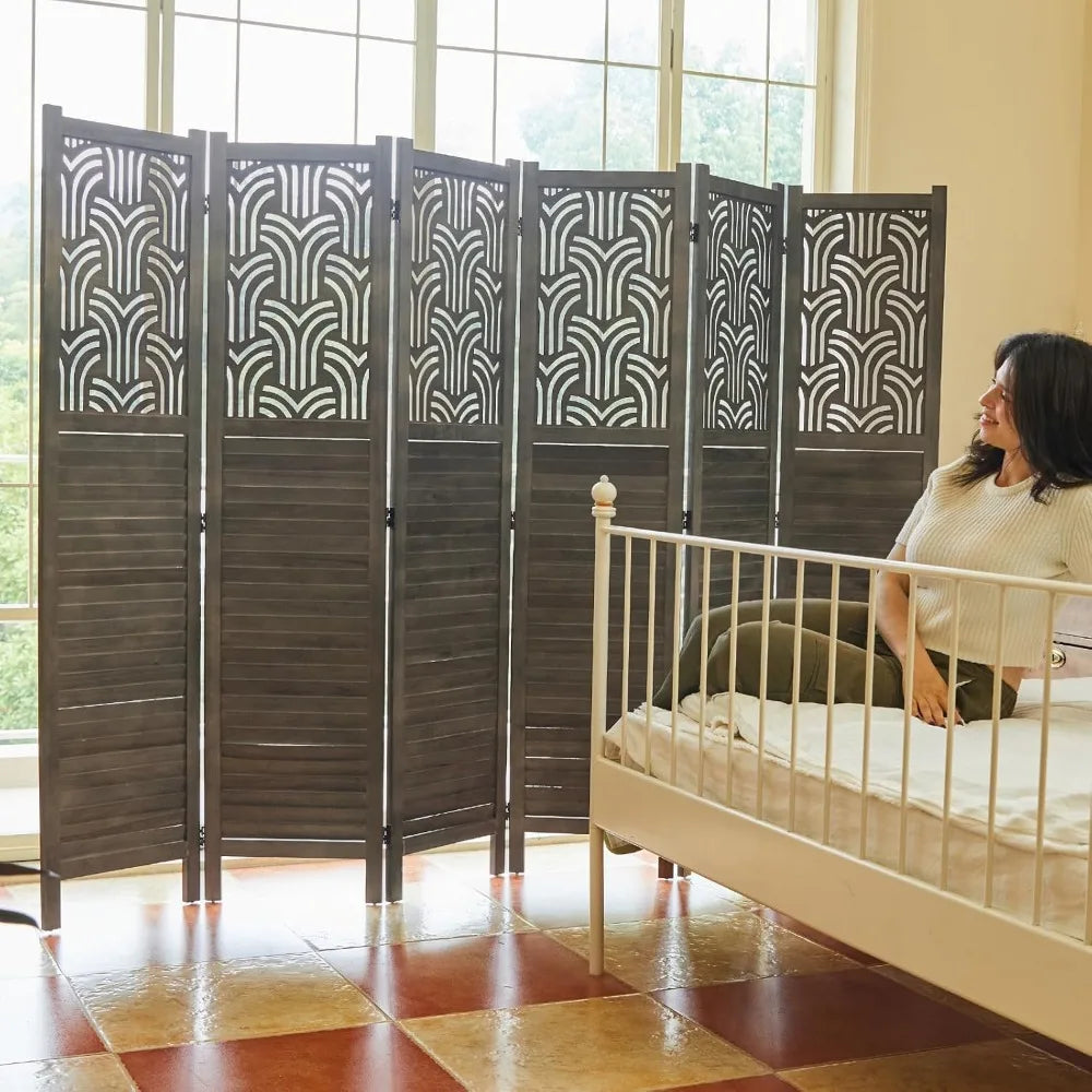 5.6 Ft Room Divider Wood Carved Wall Divider Indoor Folding Portable Partition Screen for Home Office Garden Terrace - 6 Panel
