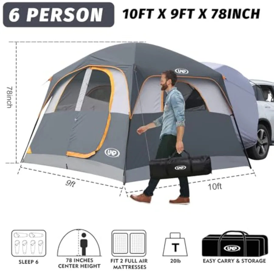 Camping SUV tent for tailgate use, polyester fabric, gray color, quick-setup with rainfly and 10'x9'x78in H spacious interior