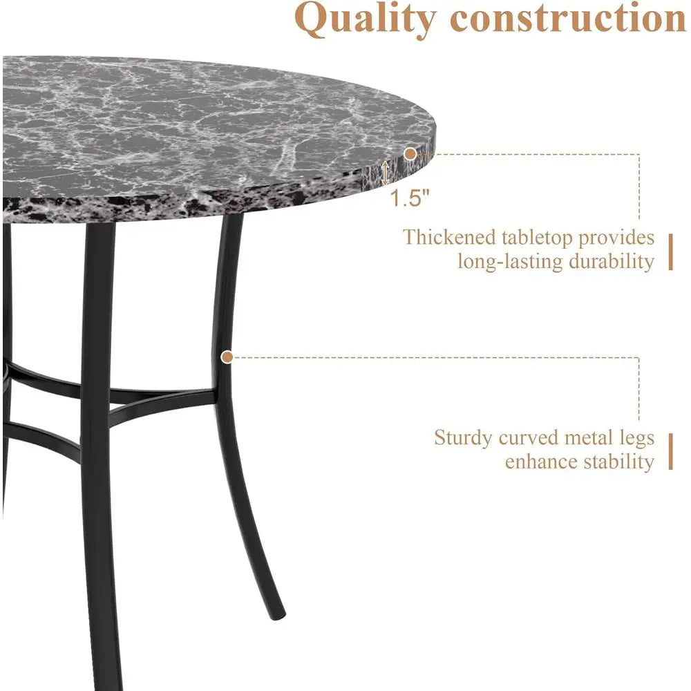Space Saving Round Dining Table Marble Look Metal Frame