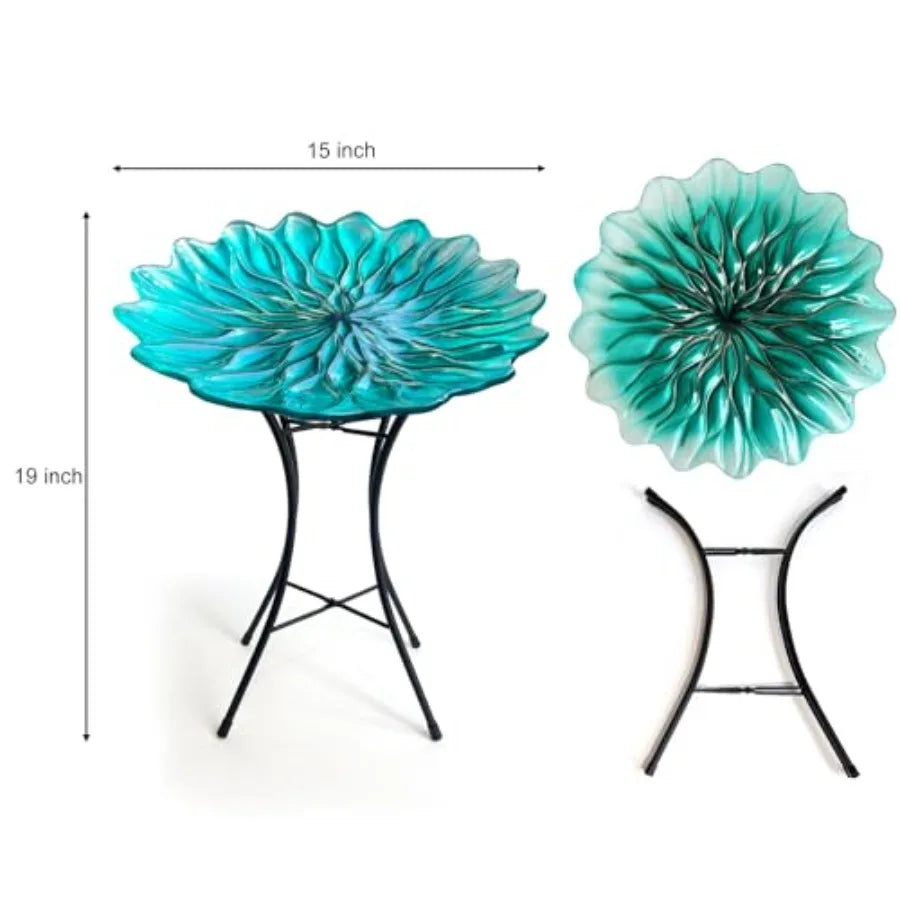 Bird Bath for Outside15" Diameter Large Glass Birdbaths for Outdoors Detachable Bird Baths Bowl with Metal Stand for Garden Pat