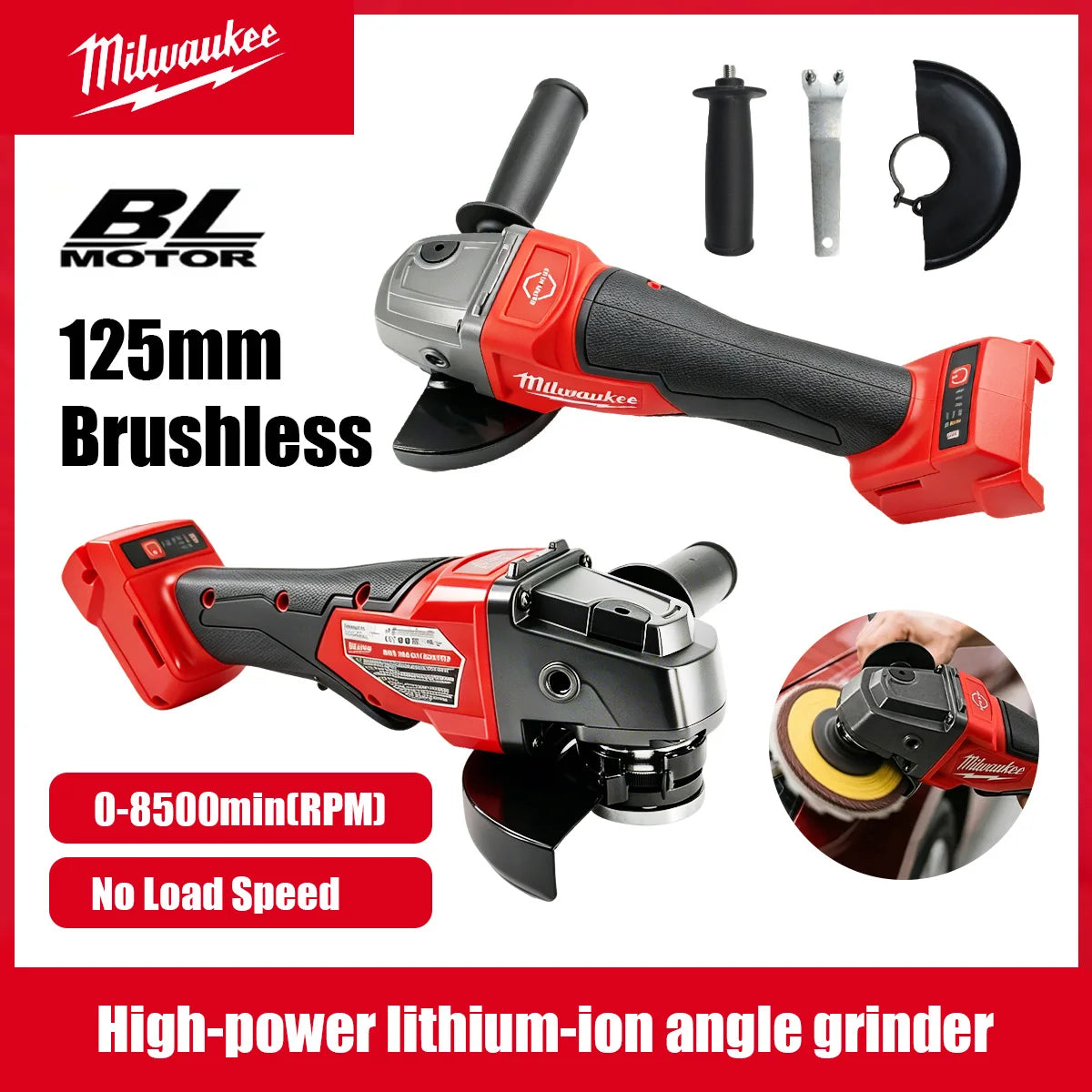 Milwaukee 8500RPM 3 Gears Adjustable Speed Angle Grinder 100mm 125mm Wheel Diameter Electric Polishing Cutting Grinding Tool