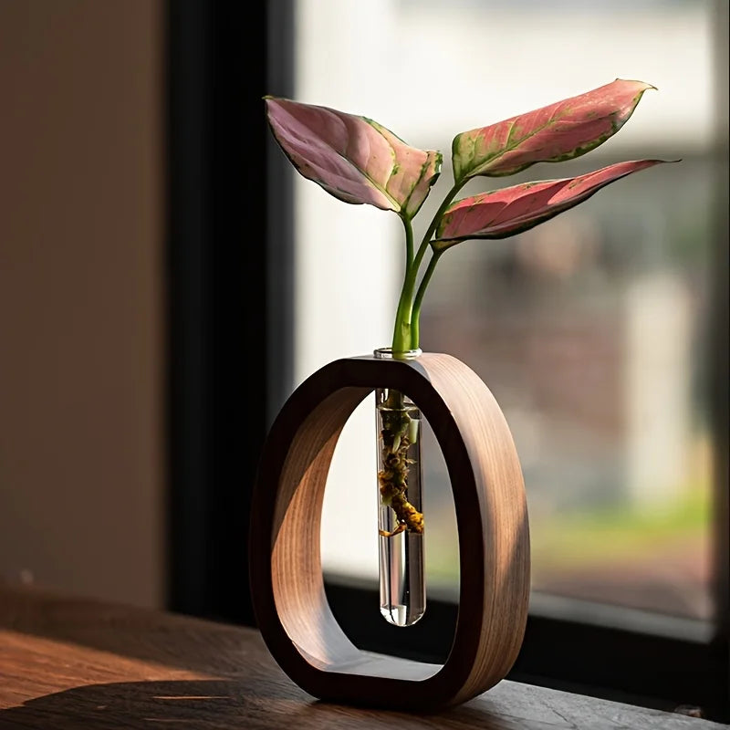 Premium Solid Wood Floral Vase With Glass Plant Insert