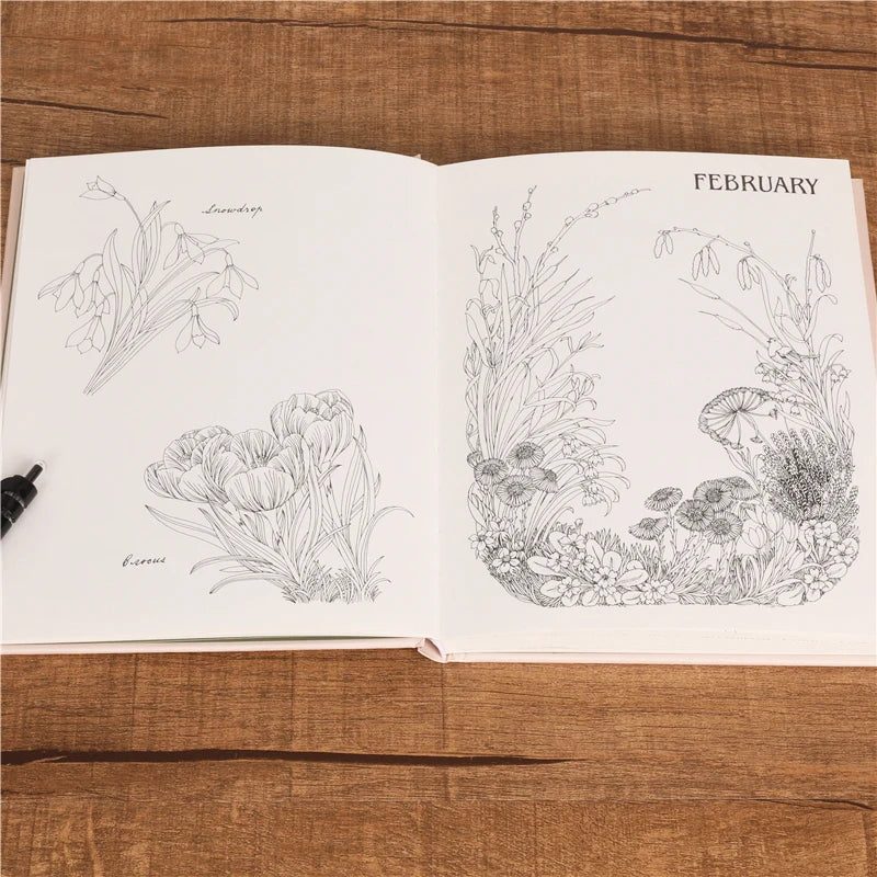 The Flower Year Colouring Book 104 Pages 23.5*18.cm Adult Kids Painting Coloring Graffiti Art Libro Hard Cover