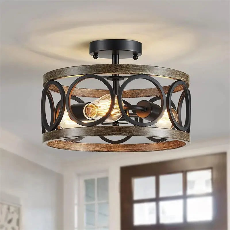 American Industrial Circular Chandelier Farmhouse Retro Iron Art Wood Grain For Restaurant Home Bedroom Ceiling Light Home Decor